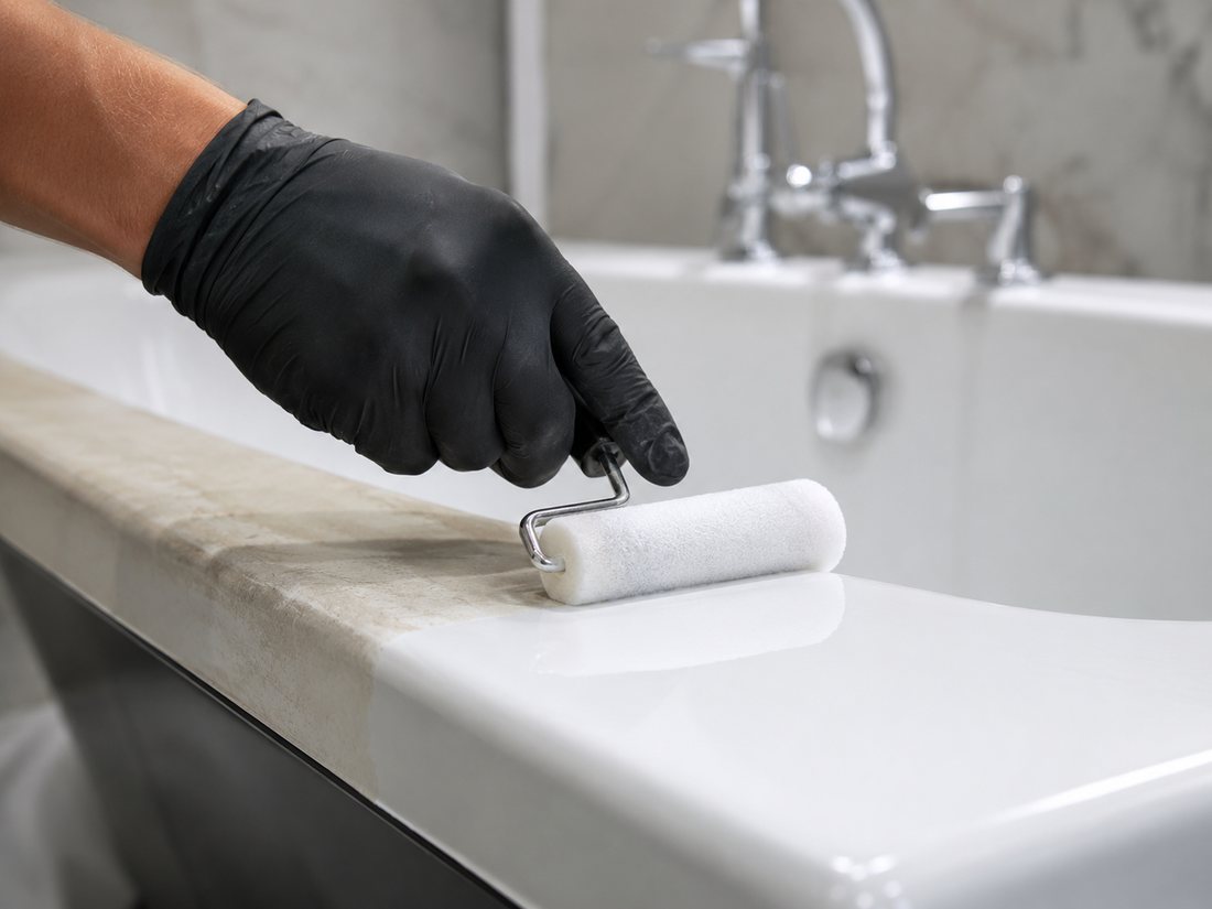 Technician applying a fresh white resurfacing coat to a bathtub edge with a roller in Dubai