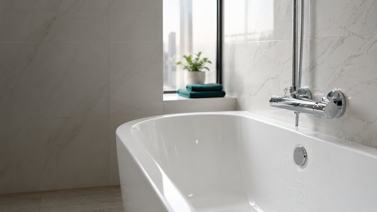 Restored white bathtub after professional resurfacing in a Dubai bathroom