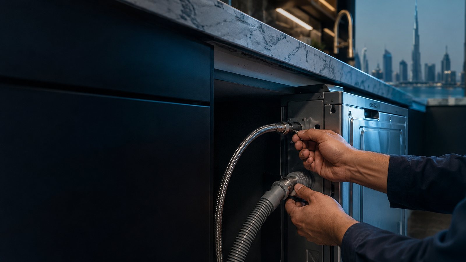 Dishwasher being installed and connected under a kitchen counter in a Dubai home
