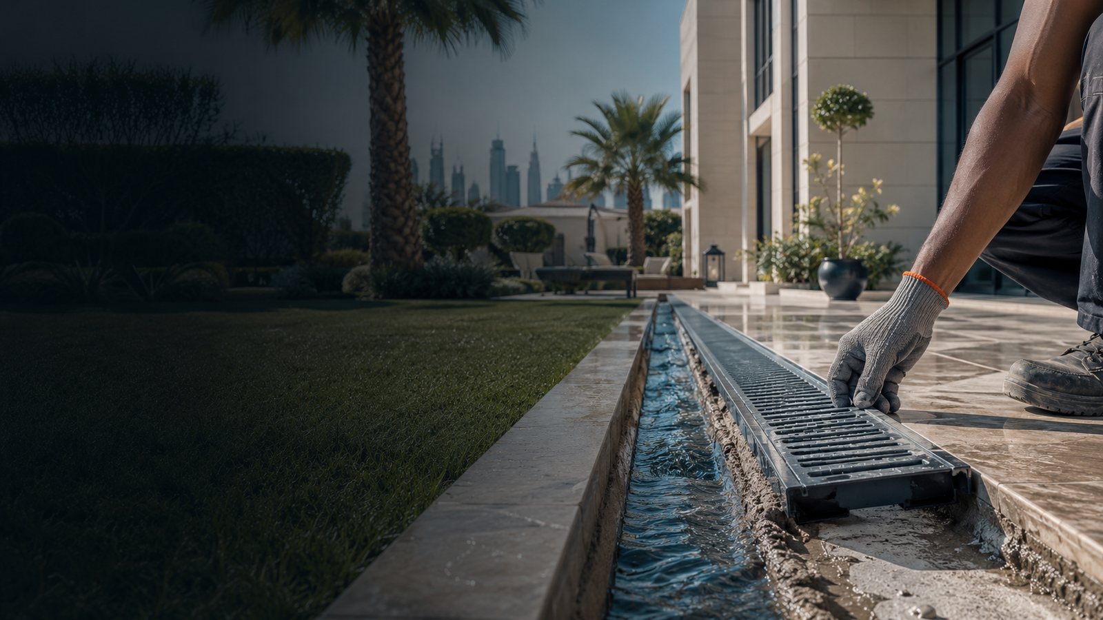 Plumber installing a channel drainage grate beside a landscaped villa garden in Dubai