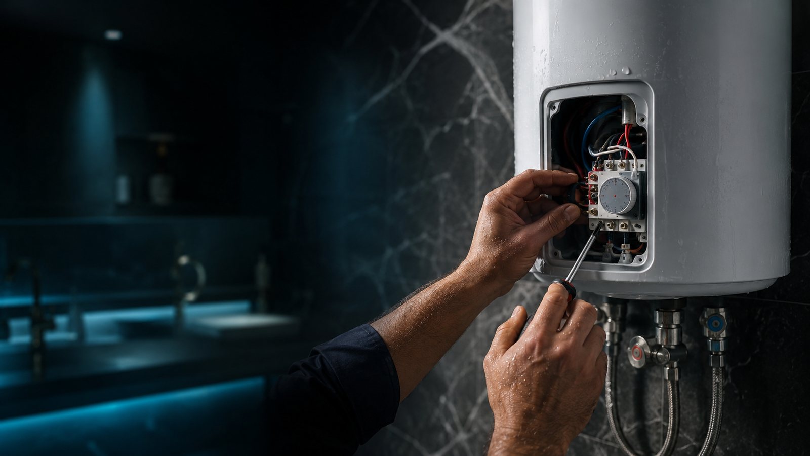 Plumber repairing the thermostat of a wall-mounted electric water heater in a Dubai bathroom