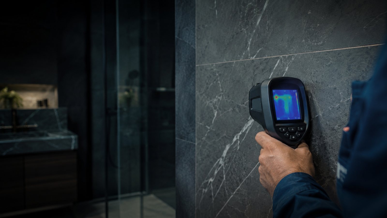 Plumber using a thermal imaging camera to find a hidden water leak behind a marble wall in Dubai
