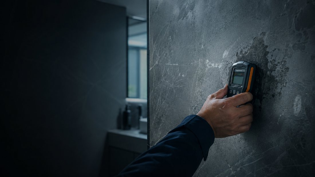 Plumber using a moisture meter on a damp Dubai bathroom wall to pinpoint a hidden leak