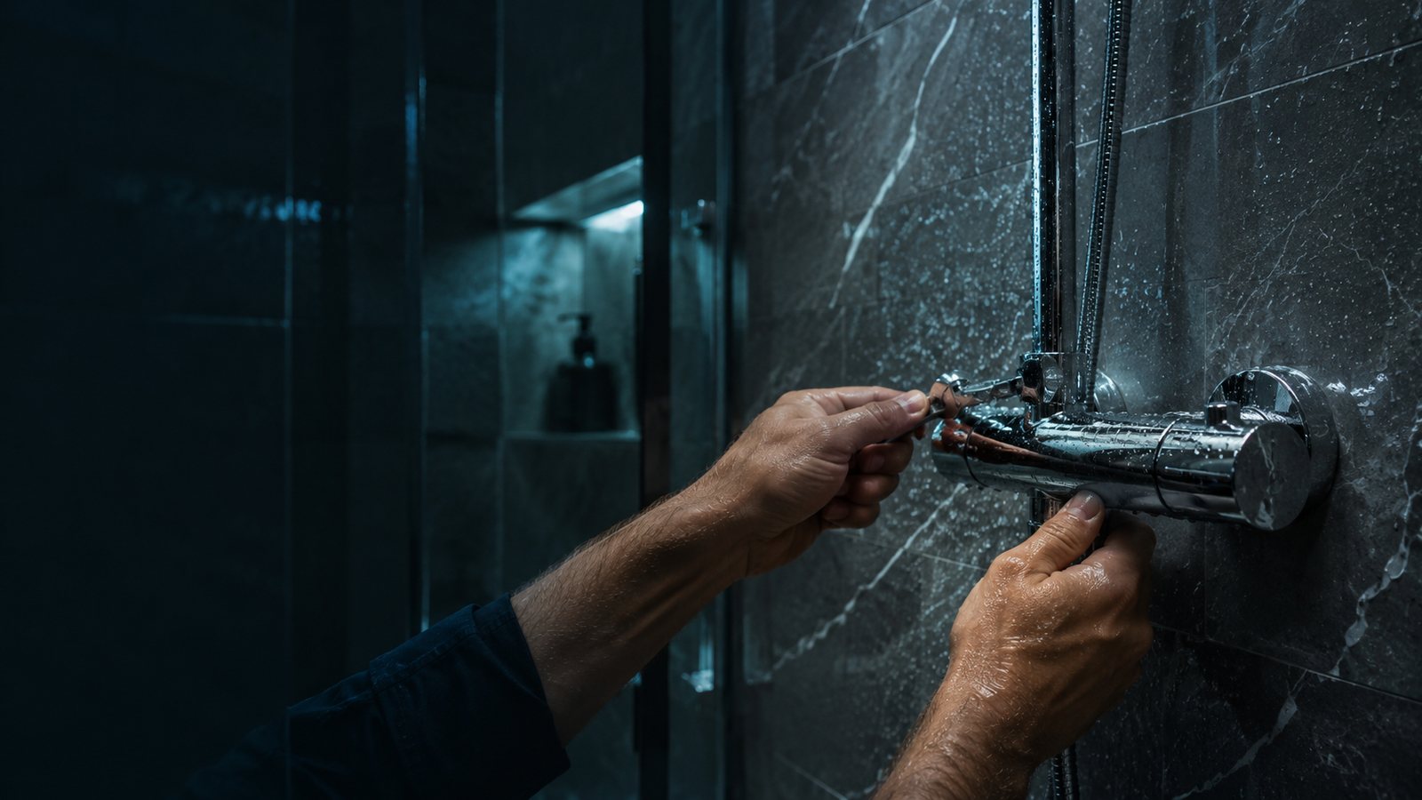 Plumber repairing a leaking shower mixer in a modern Dubai bathroom