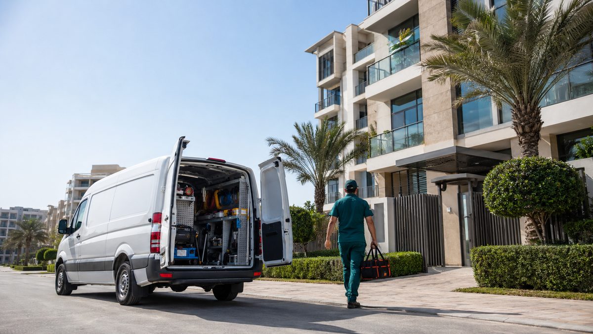 Mr Plumber technician arriving at a Dubai residential building with a fully stocked service van