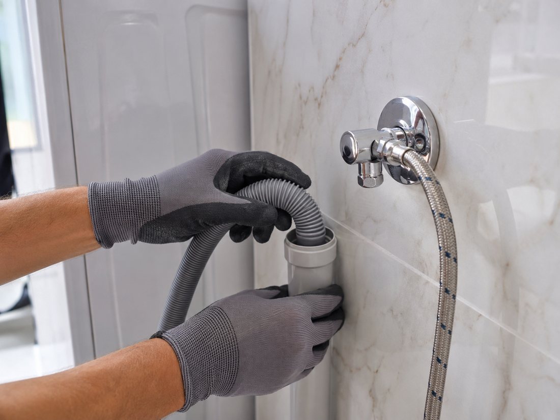 Plumber securing a washing machine drain hose into the wall standpipe beside the connected water inlet hose in Dubai