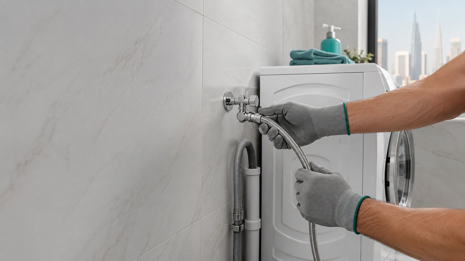 Plumber installing and leak-testing a washing machine in a modern Dubai laundry area